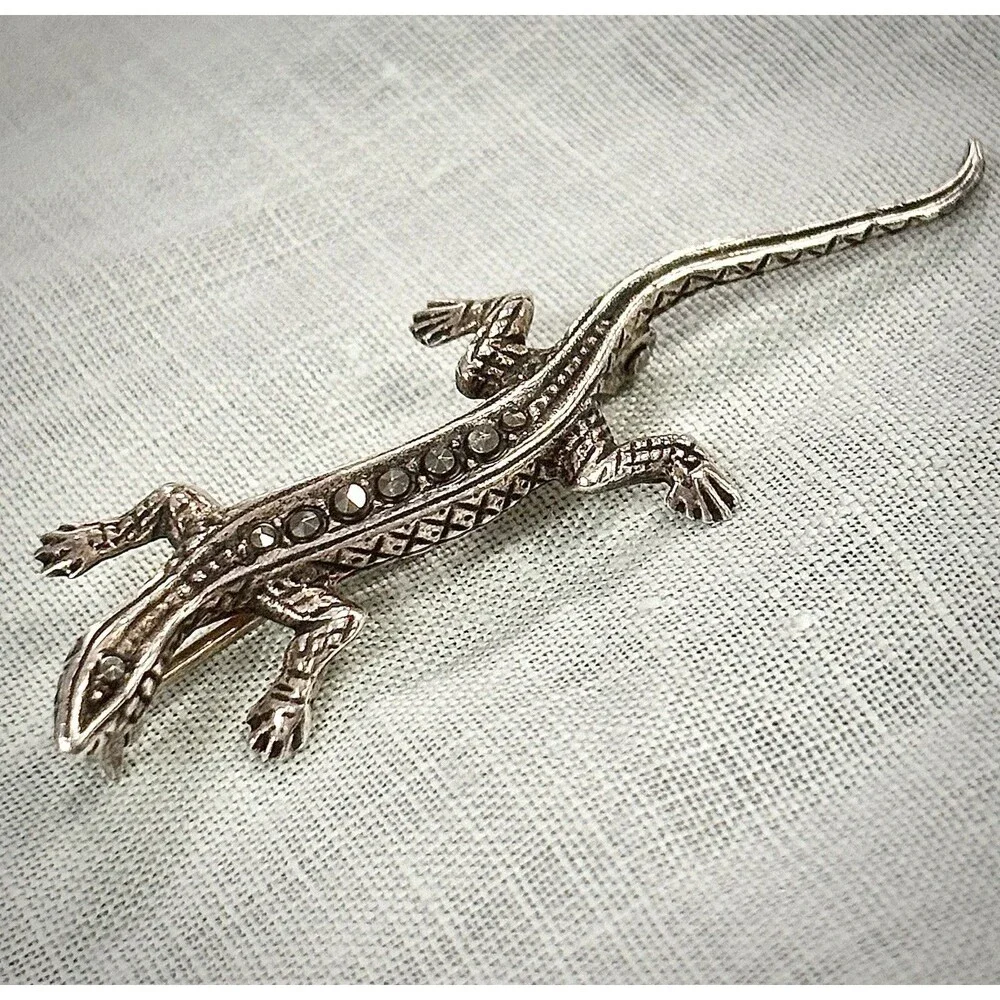 Vintage 925 Sterling Silver Marcasite Lizard Brooch Figural Gecko Pin Estate